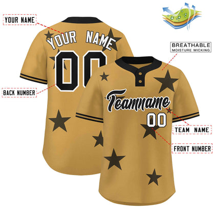 Custom Old Gold Black Personalized Star Graffiti Pattern Authentic Two-Button Baseball Jersey