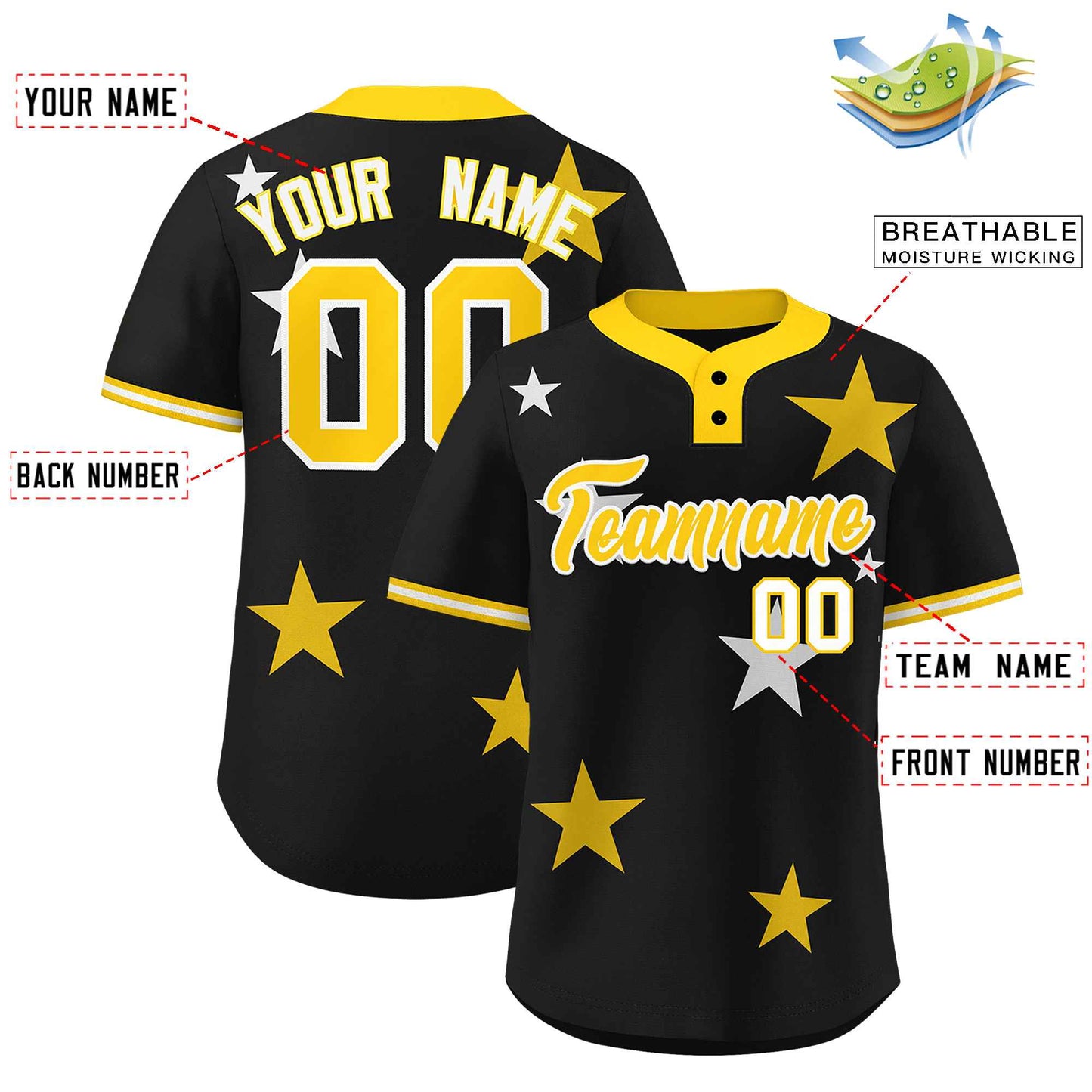 Custom Black Gold Personalized Star Graffiti Pattern Authentic Two-Button Baseball Jersey