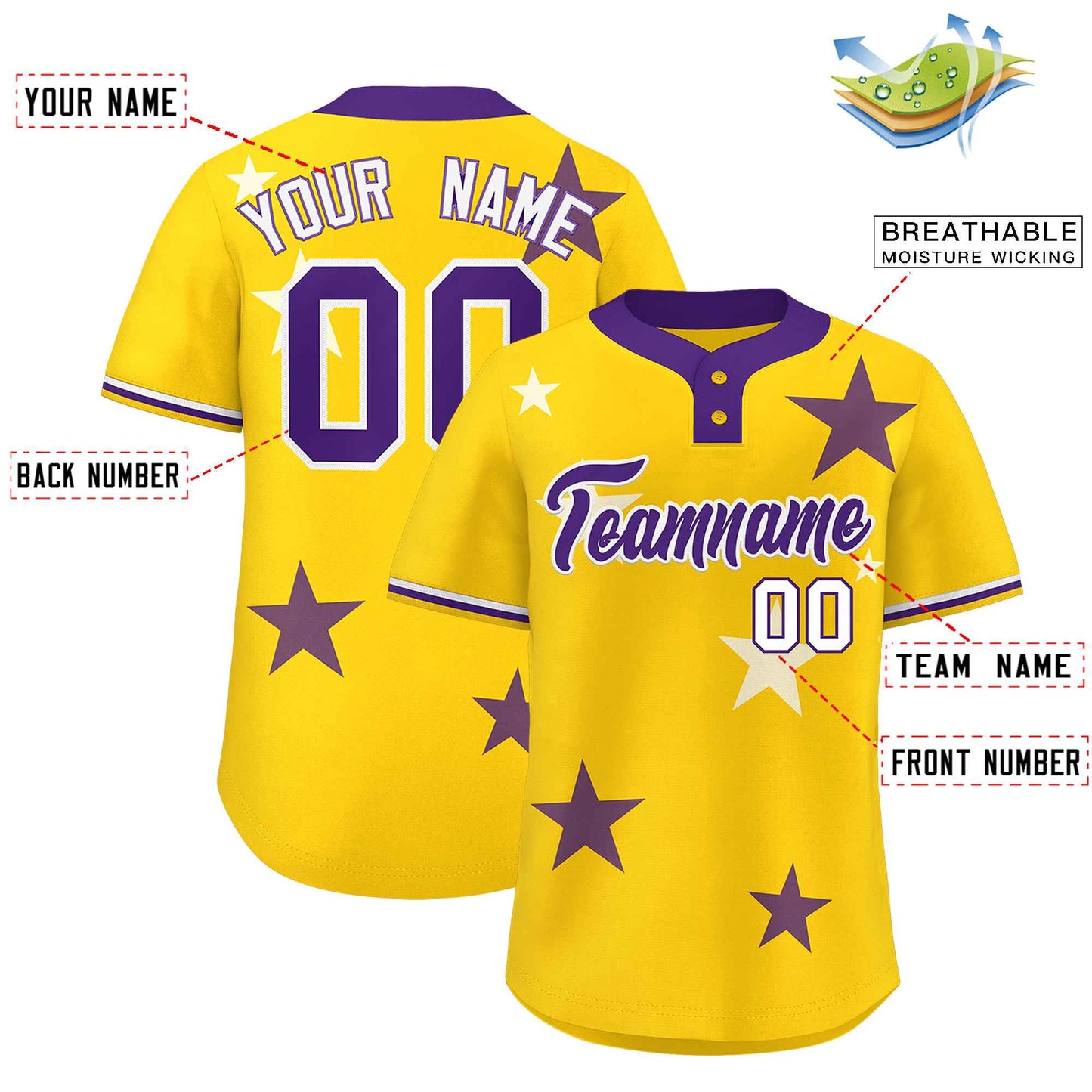 Custom Gold Purple Personalized Star Graffiti Pattern Authentic Two-Button Baseball Jersey