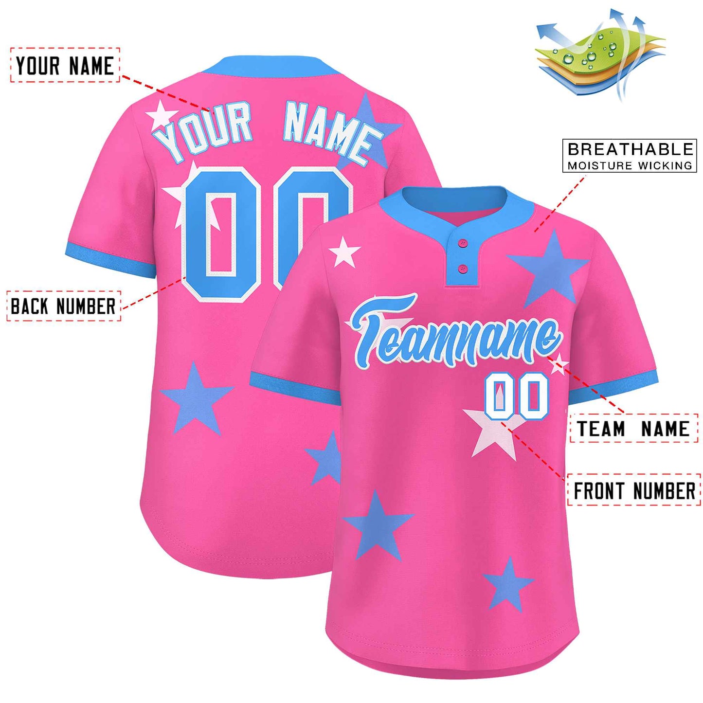 Custom Pink Powder Blue Personalized Star Graffiti Pattern Authentic Two-Button Baseball Jersey