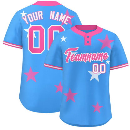 Custom Powder Blue Pink Personalized Star Graffiti Pattern Authentic Two-Button Baseball Jersey