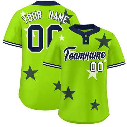 Custom Neon Green Navy Personalized Star Graffiti Pattern Authentic Two-Button Baseball Jersey