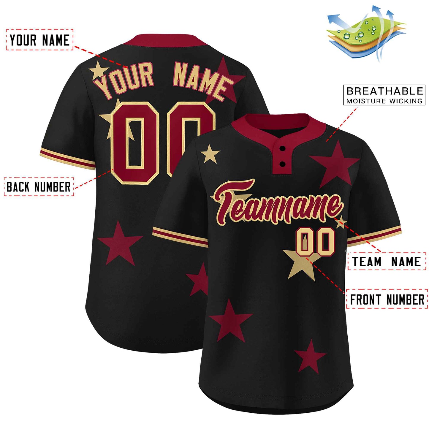 Custom Black Crimson Personalized Star Graffiti Pattern Authentic Two-Button Baseball Jersey