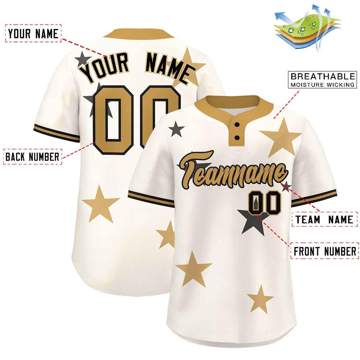 Custom Cream Old Gold Personalized Star Graffiti Pattern Authentic Two-Button Baseball Jersey