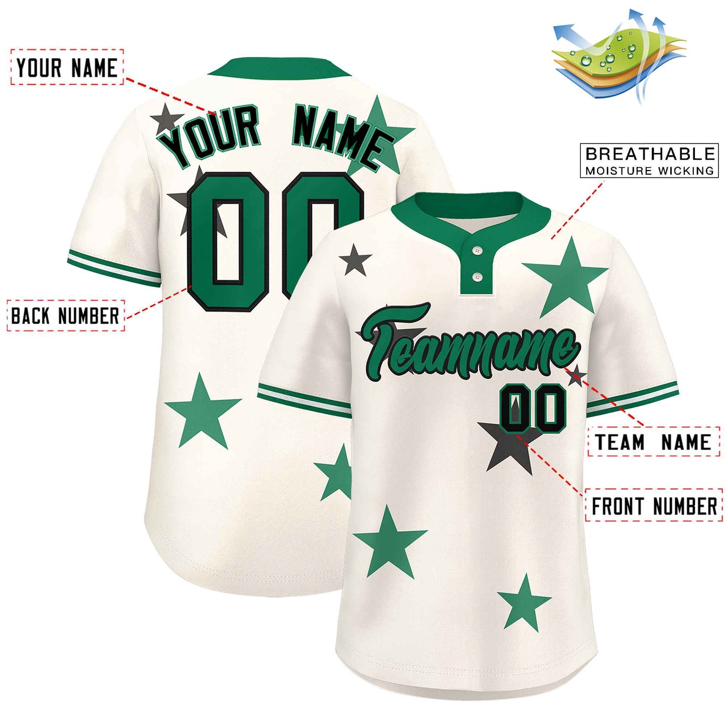 Custom Cream Kelly Green Personalized Star Graffiti Pattern Authentic Two-Button Baseball Jersey