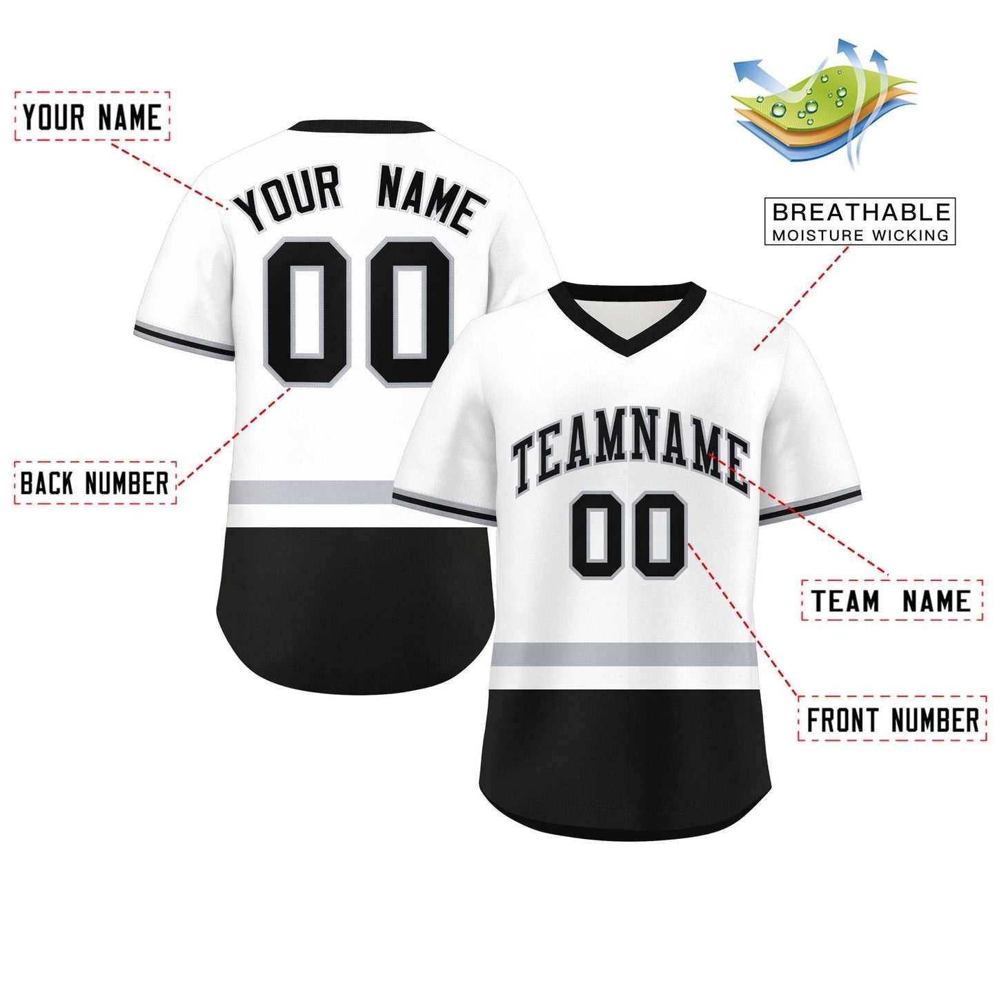 Custom White Gray-Black Color Block Personalized V-Neck Authentic Pullover Baseball Jersey