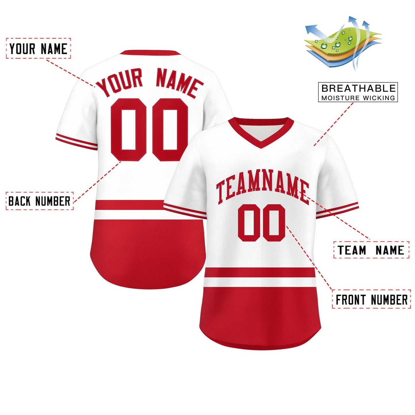 Custom White Red Color Block Personalized V-Neck Authentic Pullover Baseball Jersey