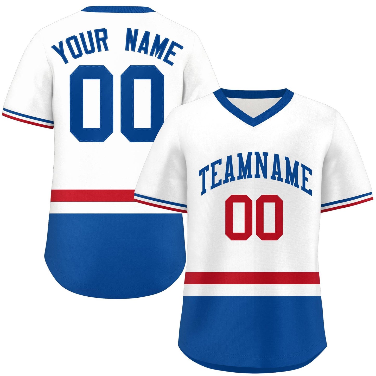 Custom White Red-Royal Color Block Personalized V-Neck Authentic Pullover Baseball Jersey