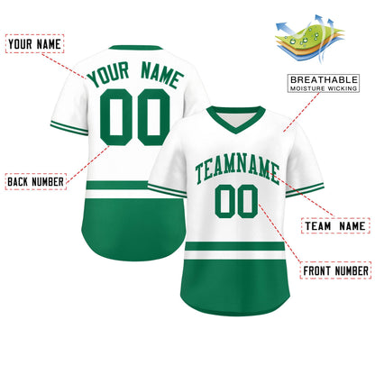 Custom White Kelly Green Color Block Personalized V-Neck Authentic Pullover Baseball Jersey