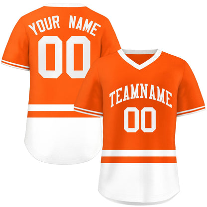 Custom Orange White Color Block Personalized V-Neck Authentic Pullover Baseball Jersey