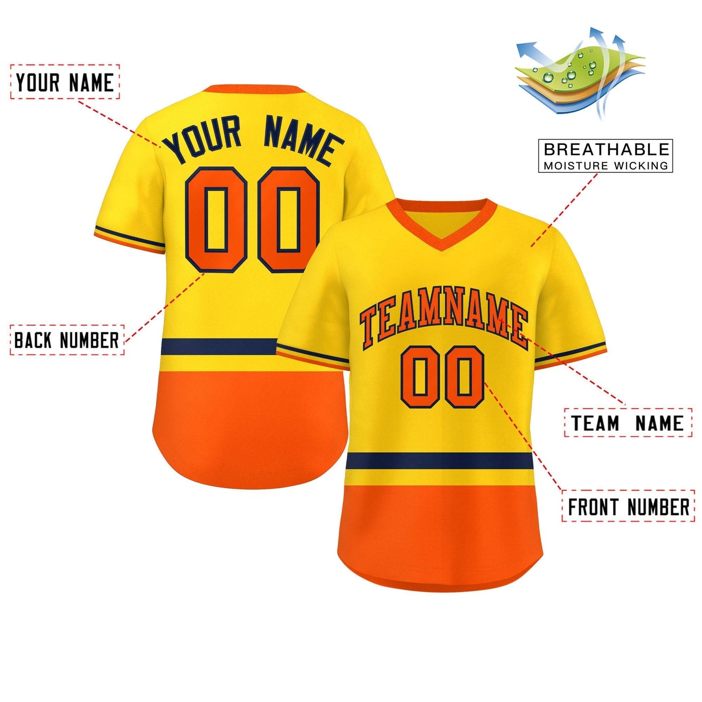 Custom Gold Navy-Orange Color Block Personalized V-Neck Authentic Pullover Baseball Jersey