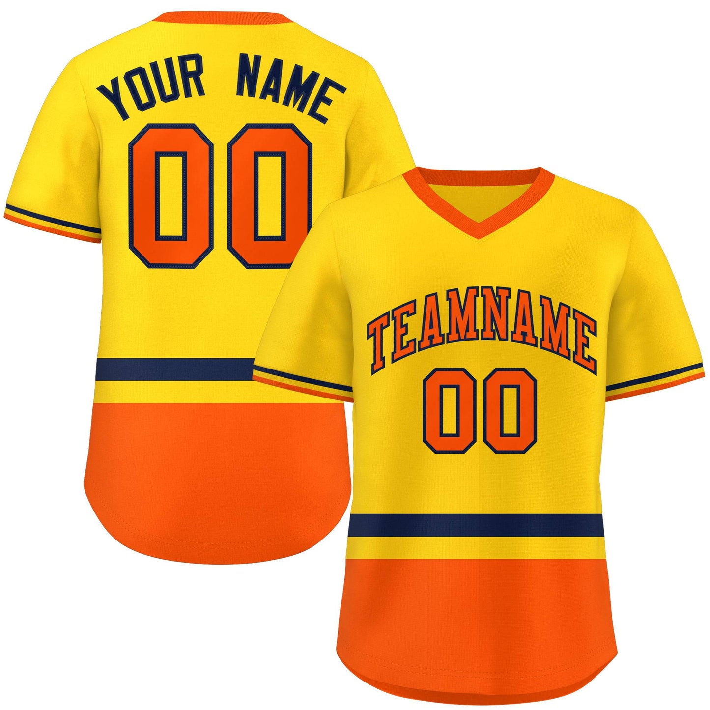 Custom Gold Navy-Orange Color Block Personalized V-Neck Authentic Pullover Baseball Jersey