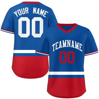 Custom Royal White-Red Color Block Personalized V-Neck Authentic Pullover Baseball Jersey