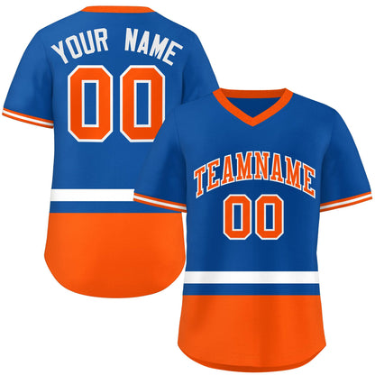 Custom Royal White-Orange Color Block Personalized V-Neck Authentic Pullover Baseball Jersey