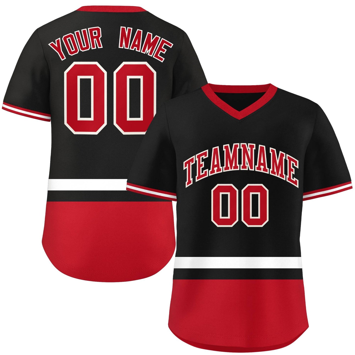 Custom Black White-Red Color Block Personalized V-Neck Authentic Pullover Baseball Jersey