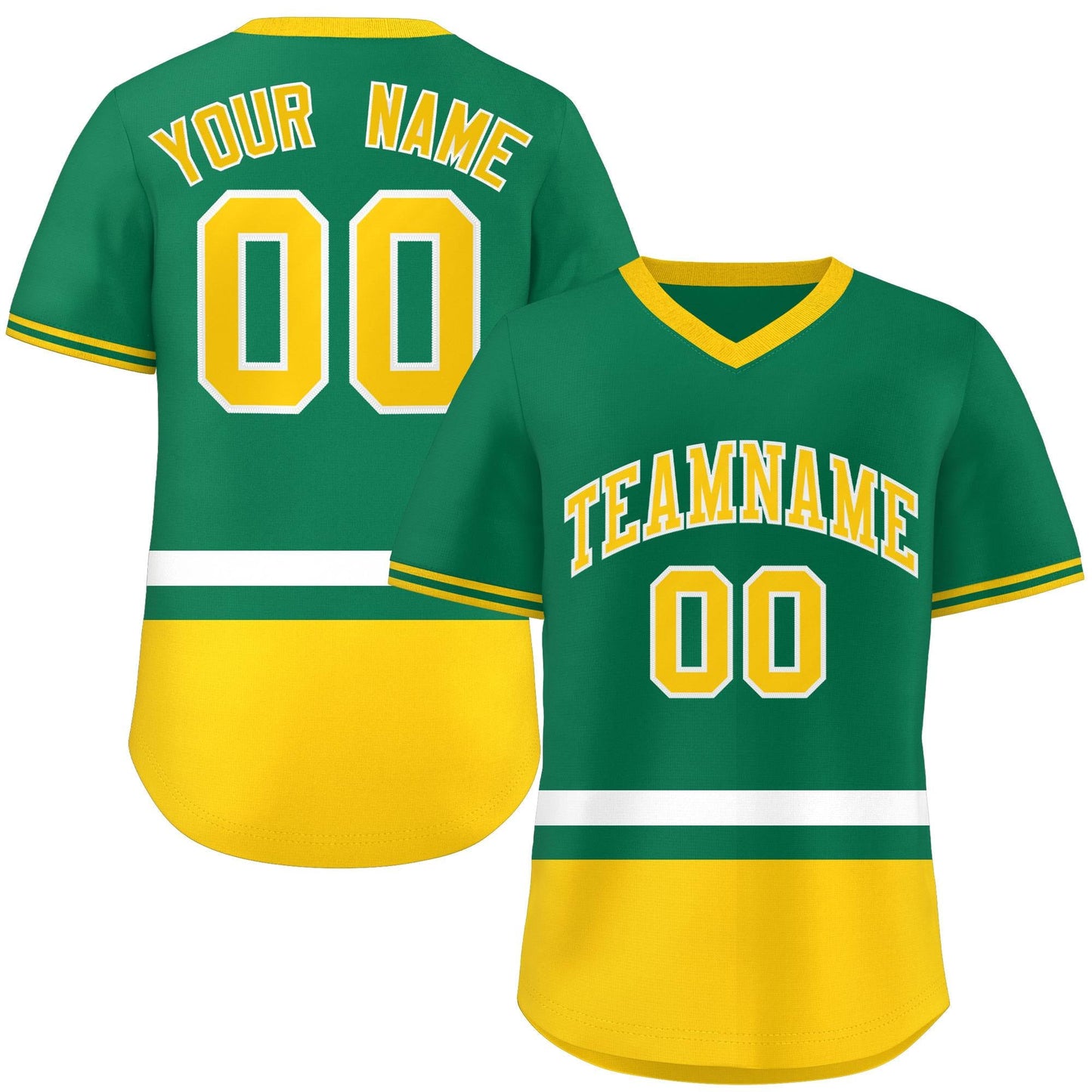 Custom Kelly Green White-Gold Color Block Personalized V-Neck Authentic Pullover Baseball Jersey