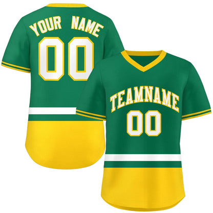 Custom Kelly Green White-Gold Color Block Personalized V-Neck Authentic Pullover Baseball Jersey