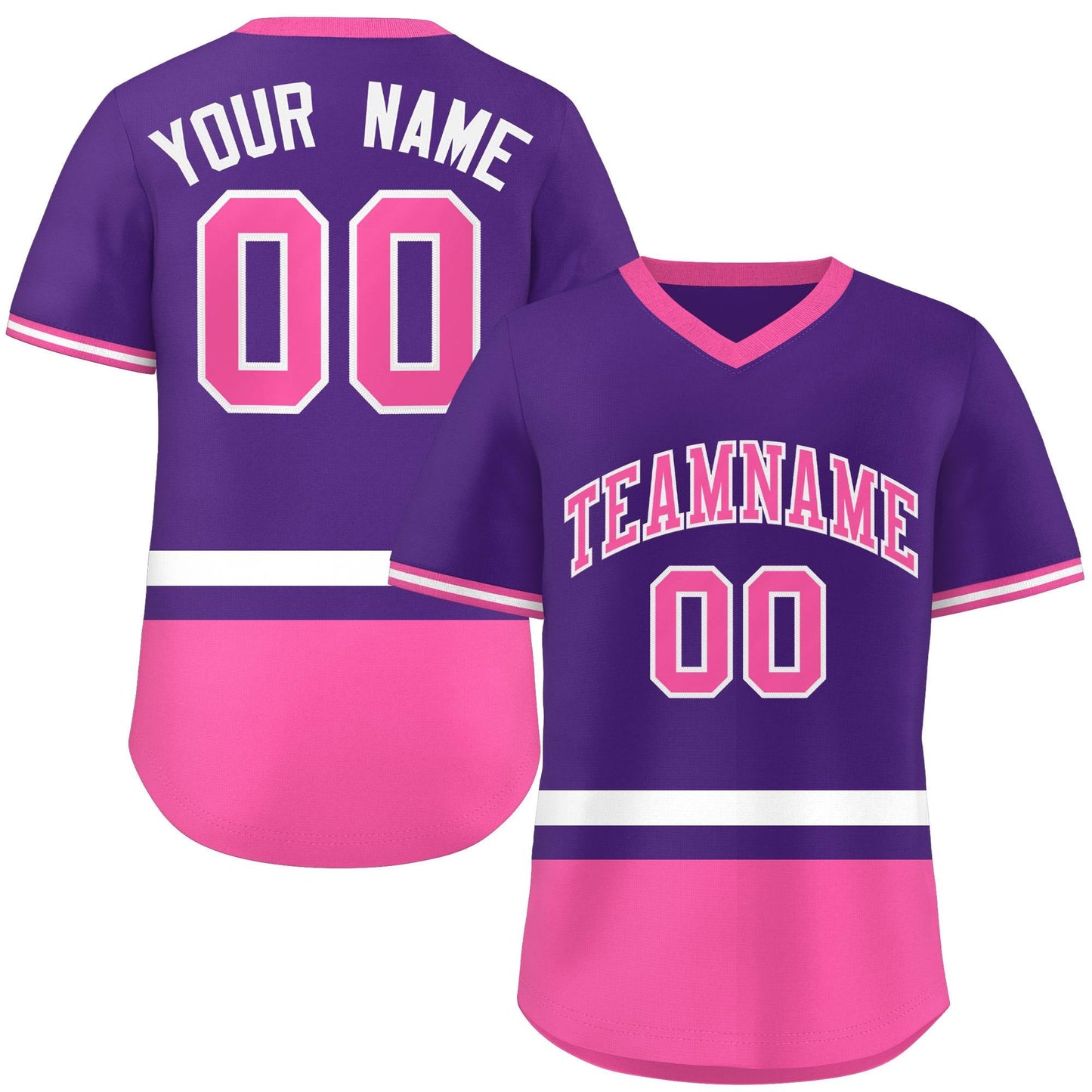 Custom Purple White-Pink Color Block Personalized V-Neck Authentic Pullover Baseball Jersey