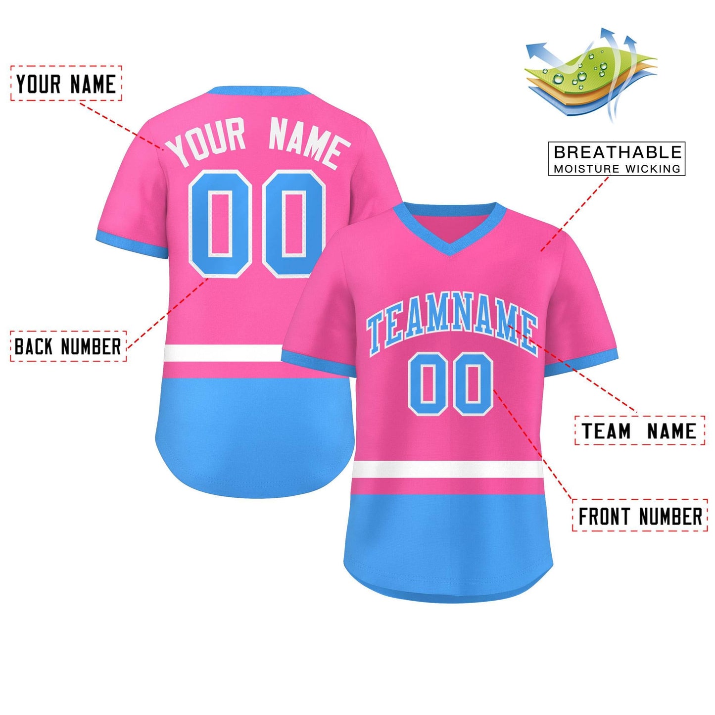 Custom Pink White-Powder Blue Color Block Personalized V-Neck Authentic Pullover Baseball Jersey