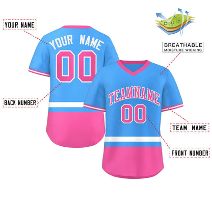 Custom Powder Blue White-Pink Color Block Personalized V-Neck Authentic Pullover Baseball Jersey