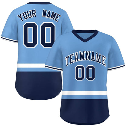 Custom Light Blue White-Navy Color Block Personalized V-Neck Authentic Pullover Baseball Jersey