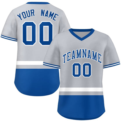 Custom Gray White-Royal Color Block Personalized V-Neck Authentic Pullover Baseball Jersey