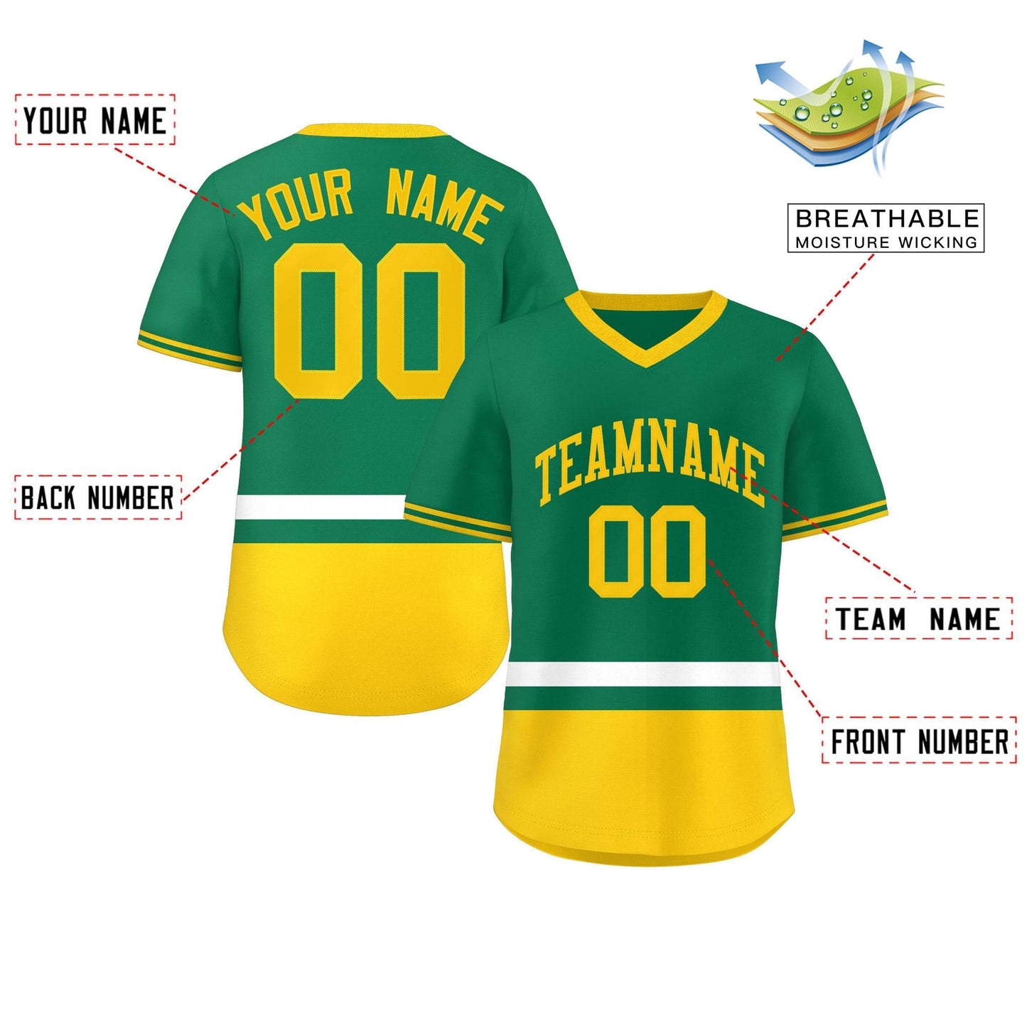 Custom Kelly Green White-Gold Color Block Personalized V-Neck Authentic Pullover Baseball Jersey