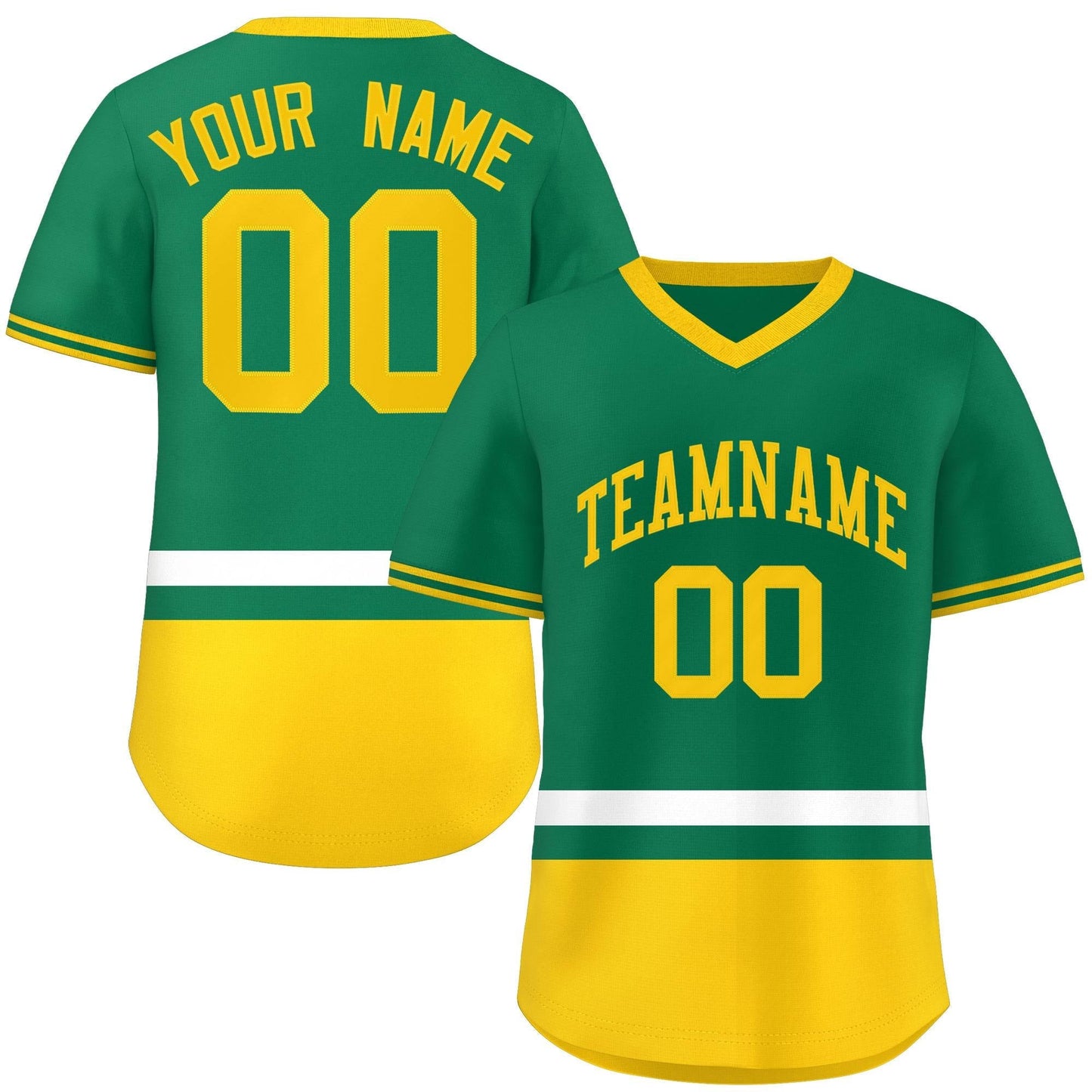 Custom Kelly Green White-Gold Color Block Personalized V-Neck Authentic Pullover Baseball Jersey