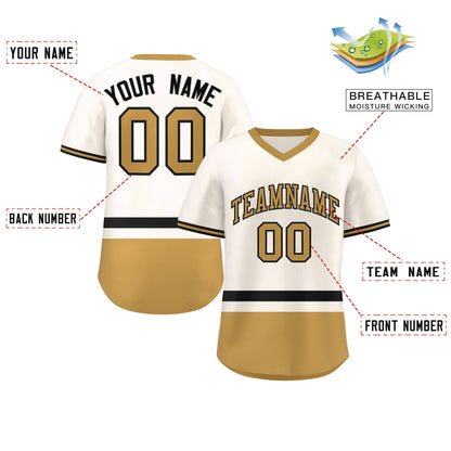 Custom Cream Black-Old Gold Color Block Personalized V-Neck Authentic Pullover Baseball Jersey