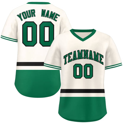 Custom Cream Black-Kelly Green Color Block Personalized V-Neck Authentic Pullover Baseball Jersey