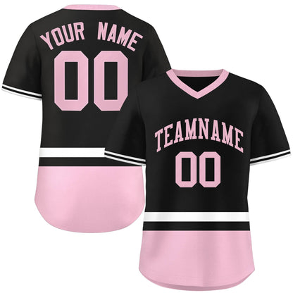 Custom Black White-Light Pink Color Block Personalized V-Neck Authentic Pullover Baseball Jersey