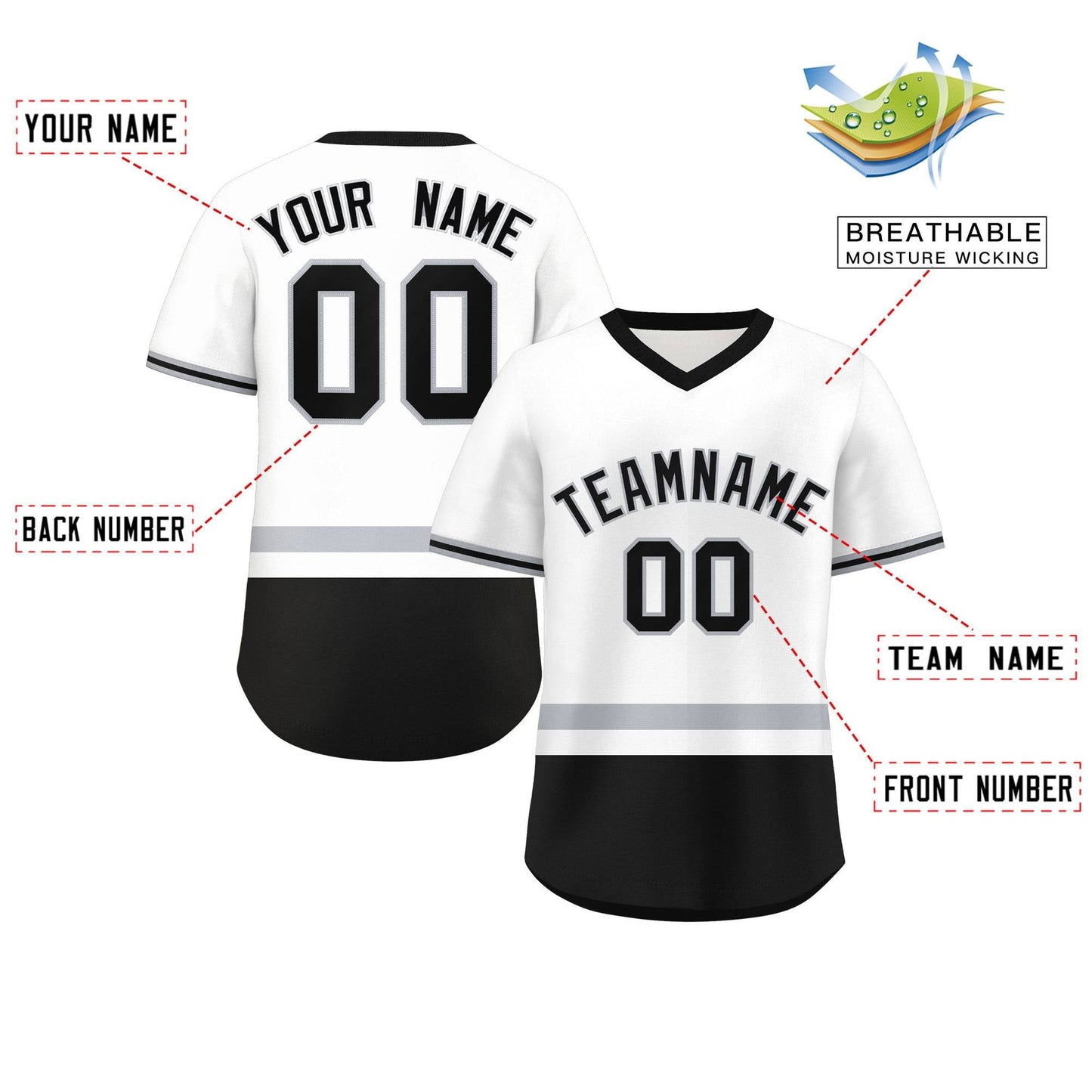 Custom White Gray-Black Color Block Personalized V-Neck Authentic Pullover Baseball Jersey