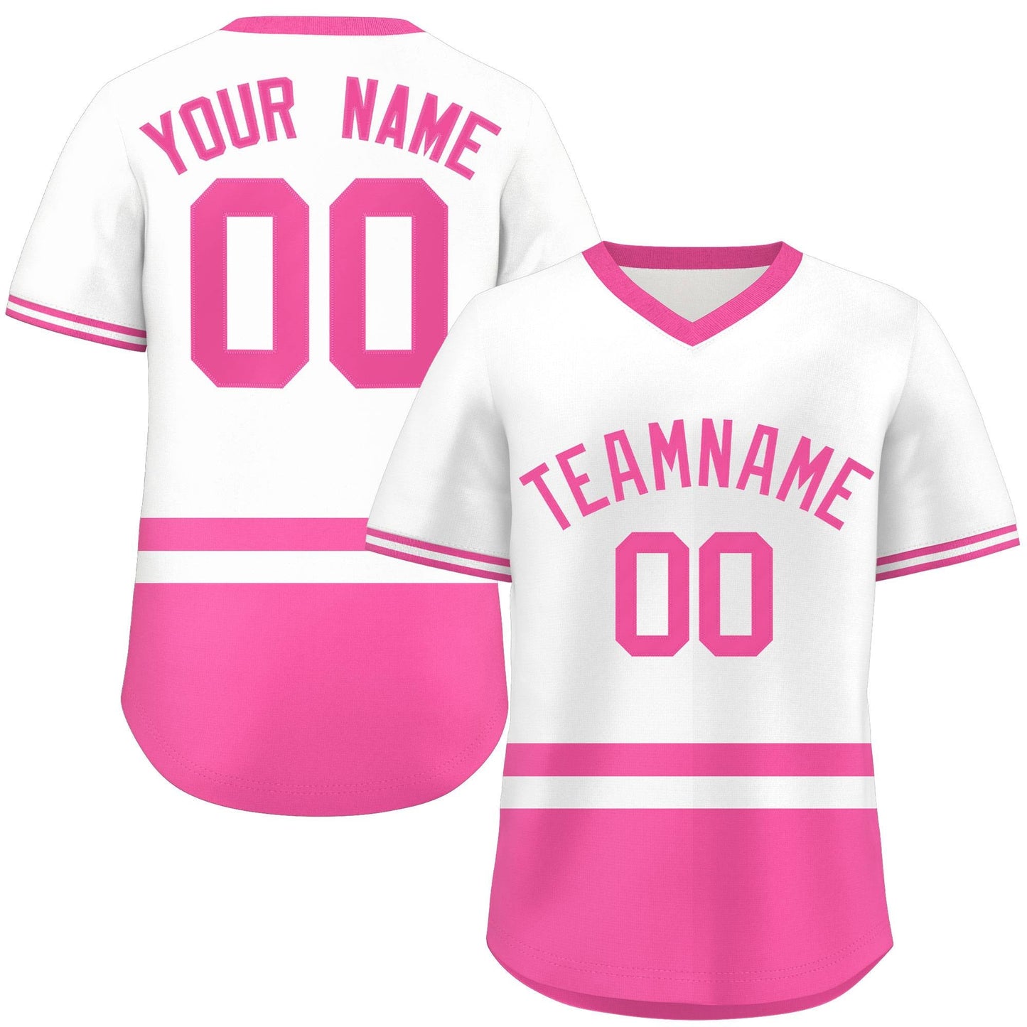 Custom White Pink Color Block Personalized V-Neck Authentic Pullover Baseball Jersey