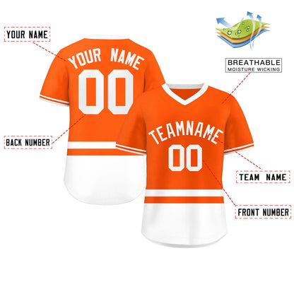 Custom Orange White Color Block Personalized V-Neck Authentic Pullover Baseball Jersey