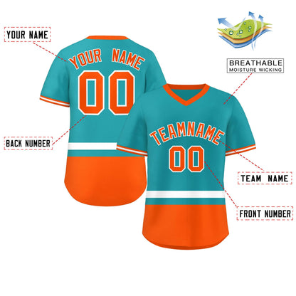 Custom Aqua White-Orange Color Block Personalized V-Neck Authentic Pullover Baseball Jersey