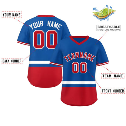 Custom Royal White-Red Color Block Personalized V-Neck Authentic Pullover Baseball Jersey