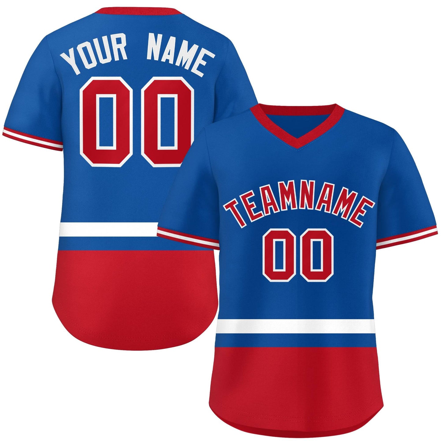 Custom Royal White-Red Color Block Personalized V-Neck Authentic Pullover Baseball Jersey