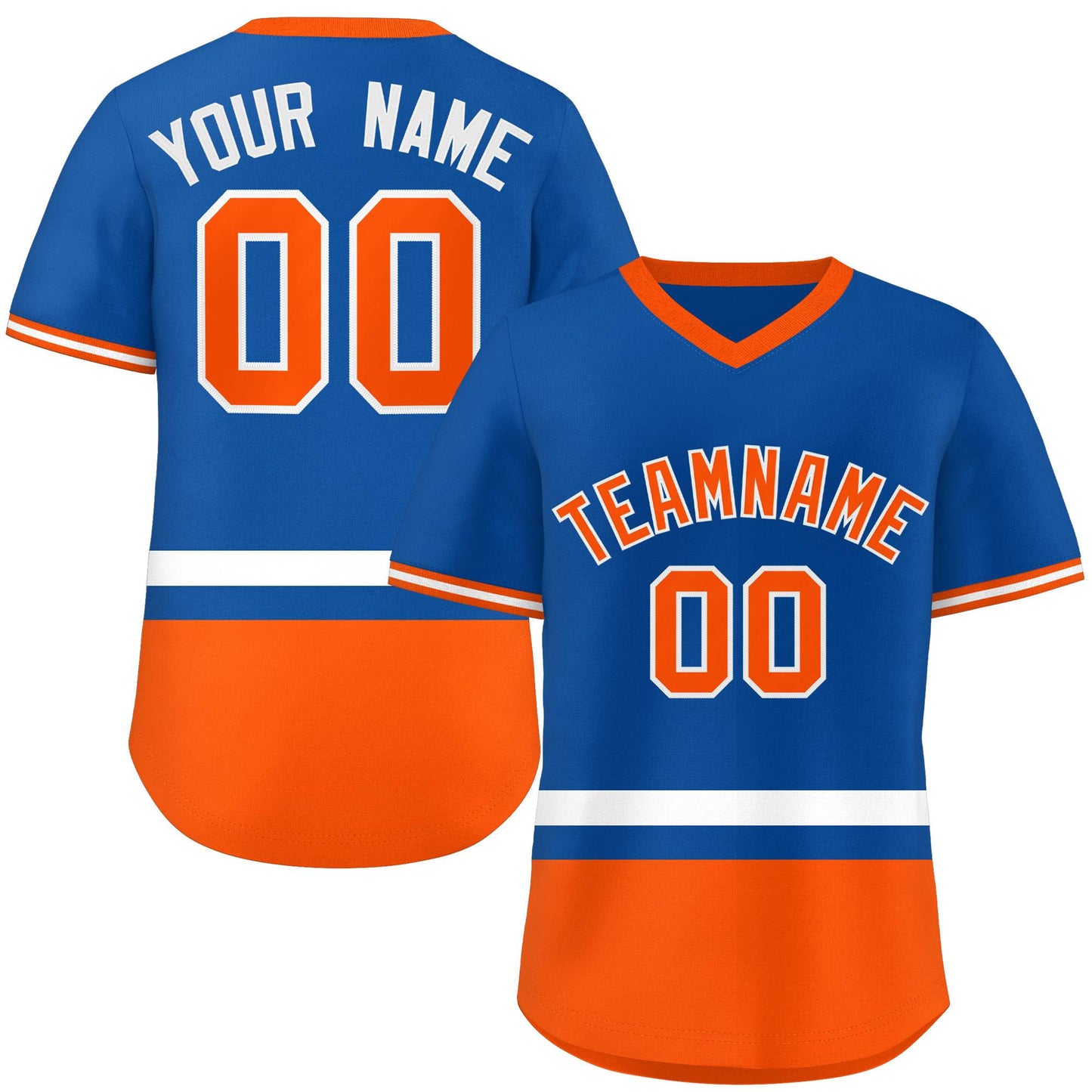 Custom Royal White-Orange Color Block Personalized V-Neck Authentic Pullover Baseball Jersey