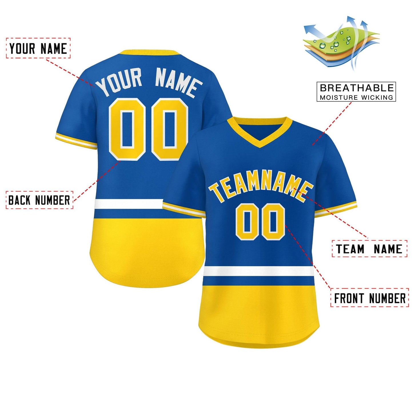 Custom Royal White-Gold Color Block Personalized V-Neck Authentic Pullover Baseball Jersey