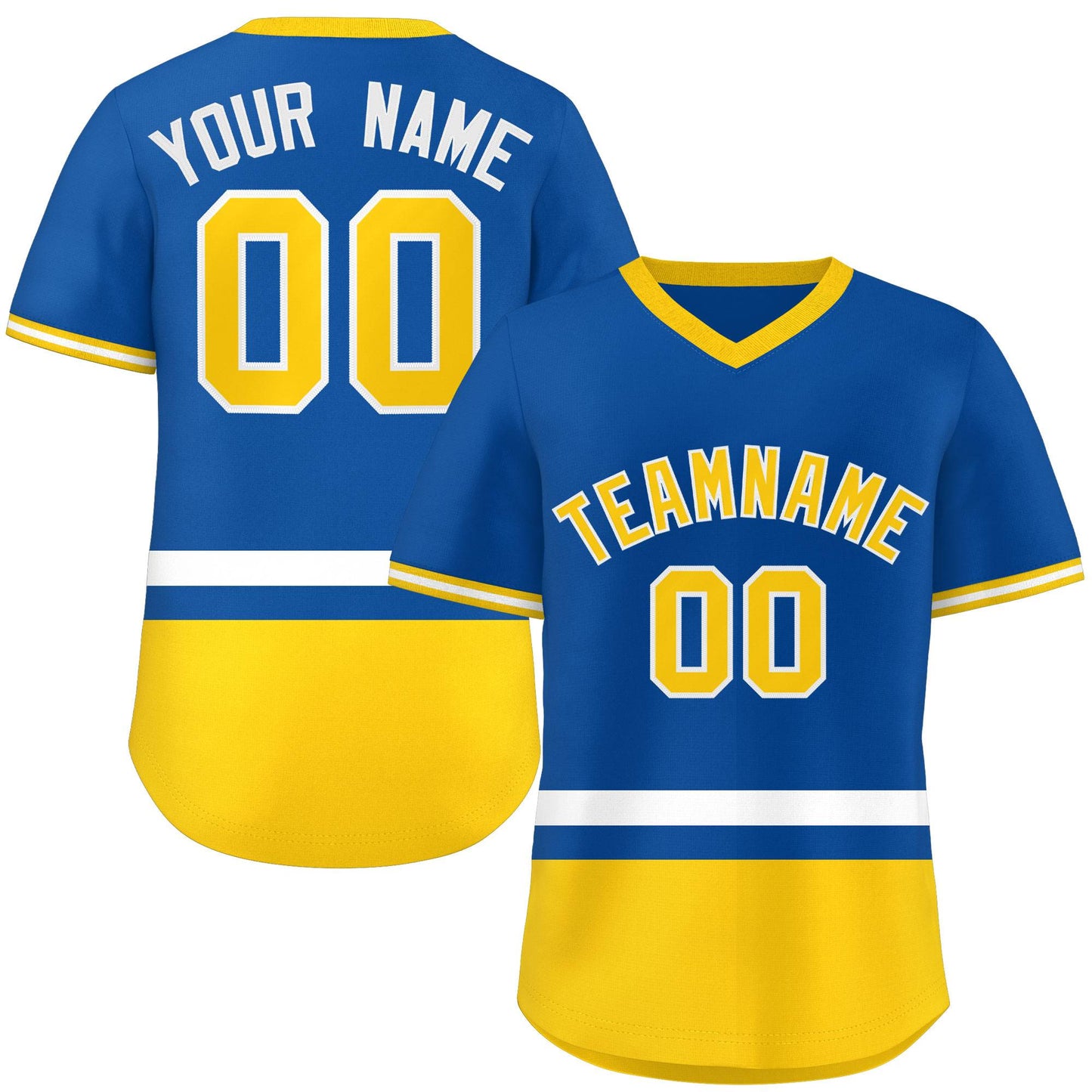 Custom Royal White-Gold Color Block Personalized V-Neck Authentic Pullover Baseball Jersey