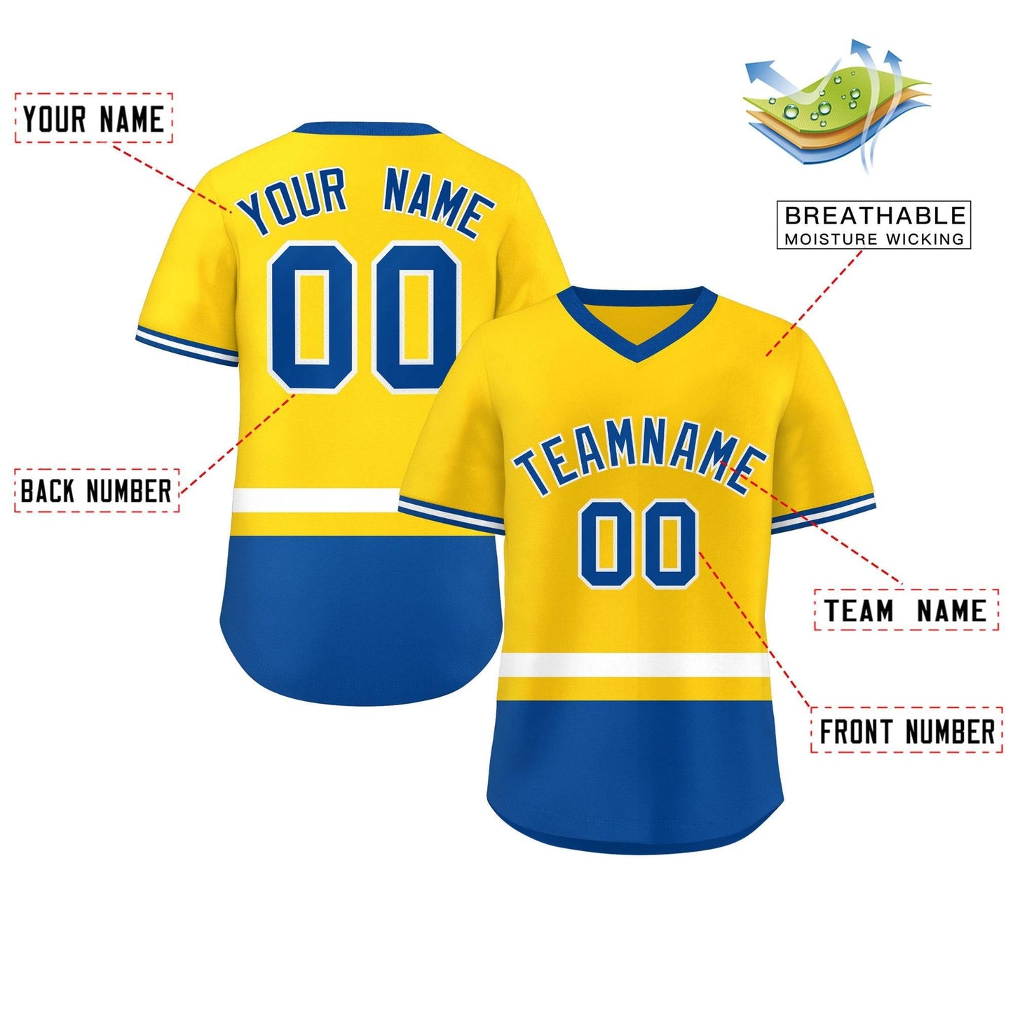 Custom Gold White-Royal Color Block Personalized V-Neck Authentic Pullover Baseball Jersey