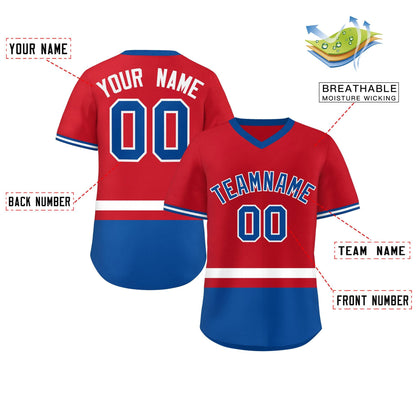 Custom Red White-Royal Color Block Personalized V-Neck Authentic Pullover Baseball Jersey