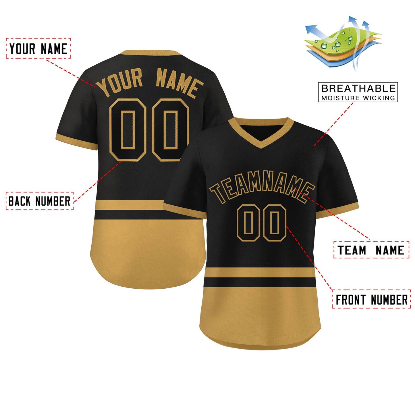 Custom Black Old Gold Color Block Personalized V-Neck Authentic Pullover Baseball Jersey