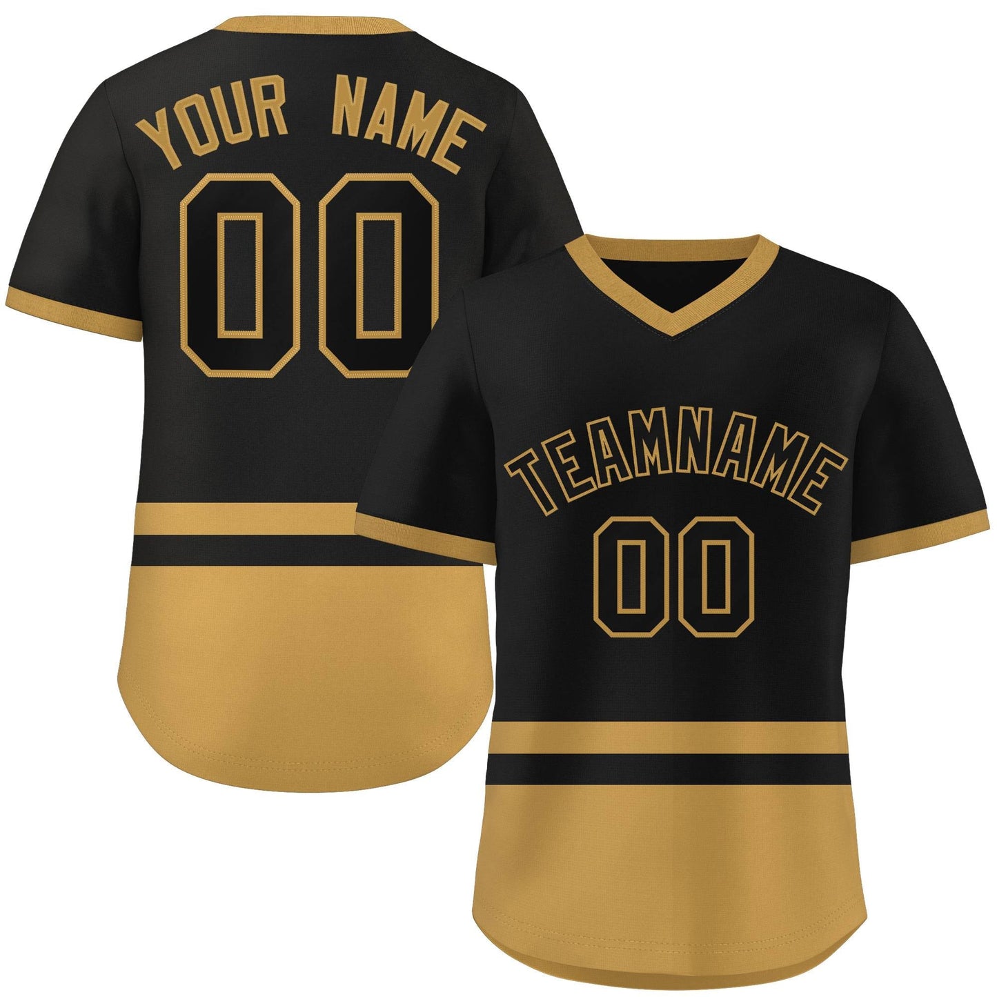 Custom Black Old Gold Color Block Personalized V-Neck Authentic Pullover Baseball Jersey