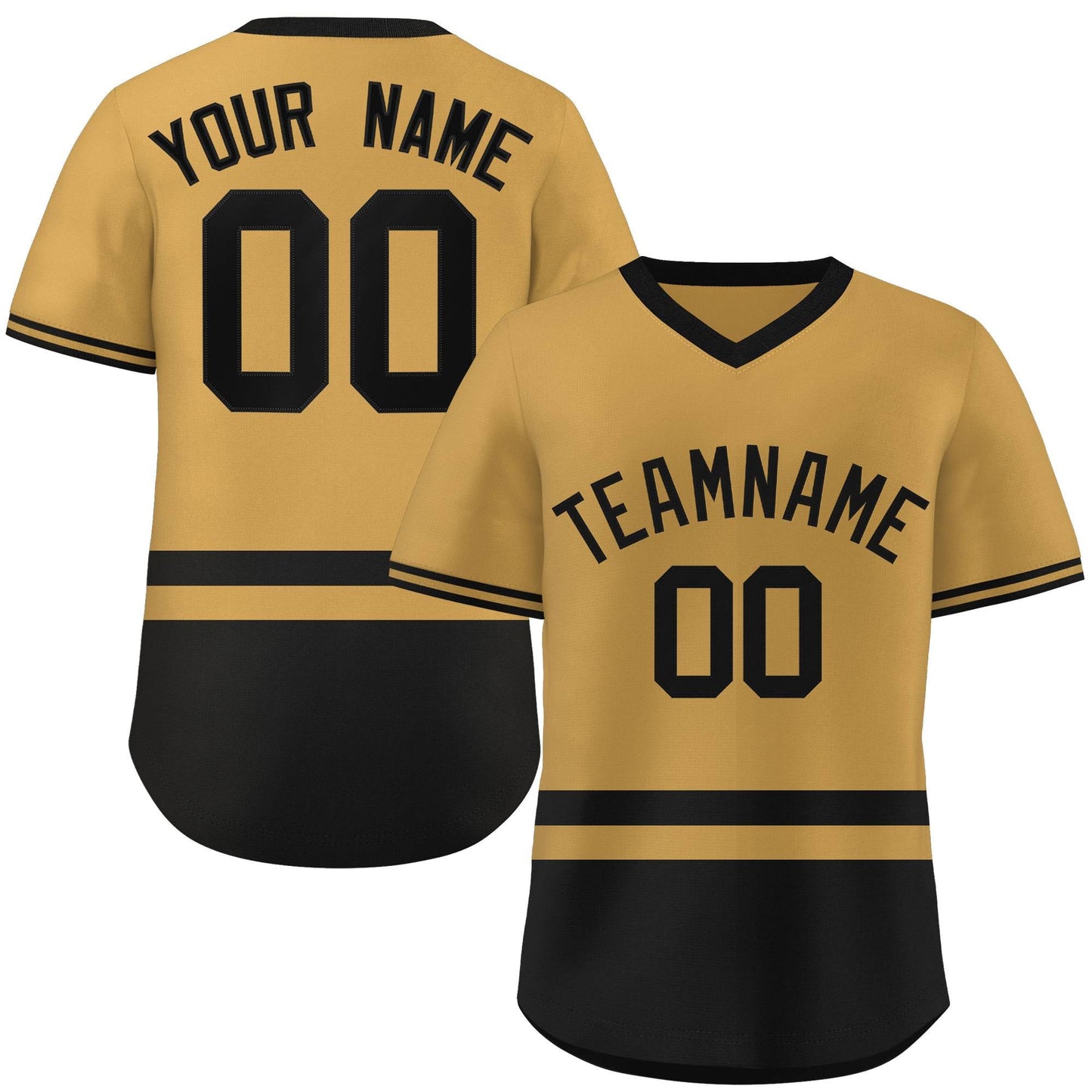 Custom Gold Black Color Block Personalized V-Neck Authentic Pullover Baseball Jersey