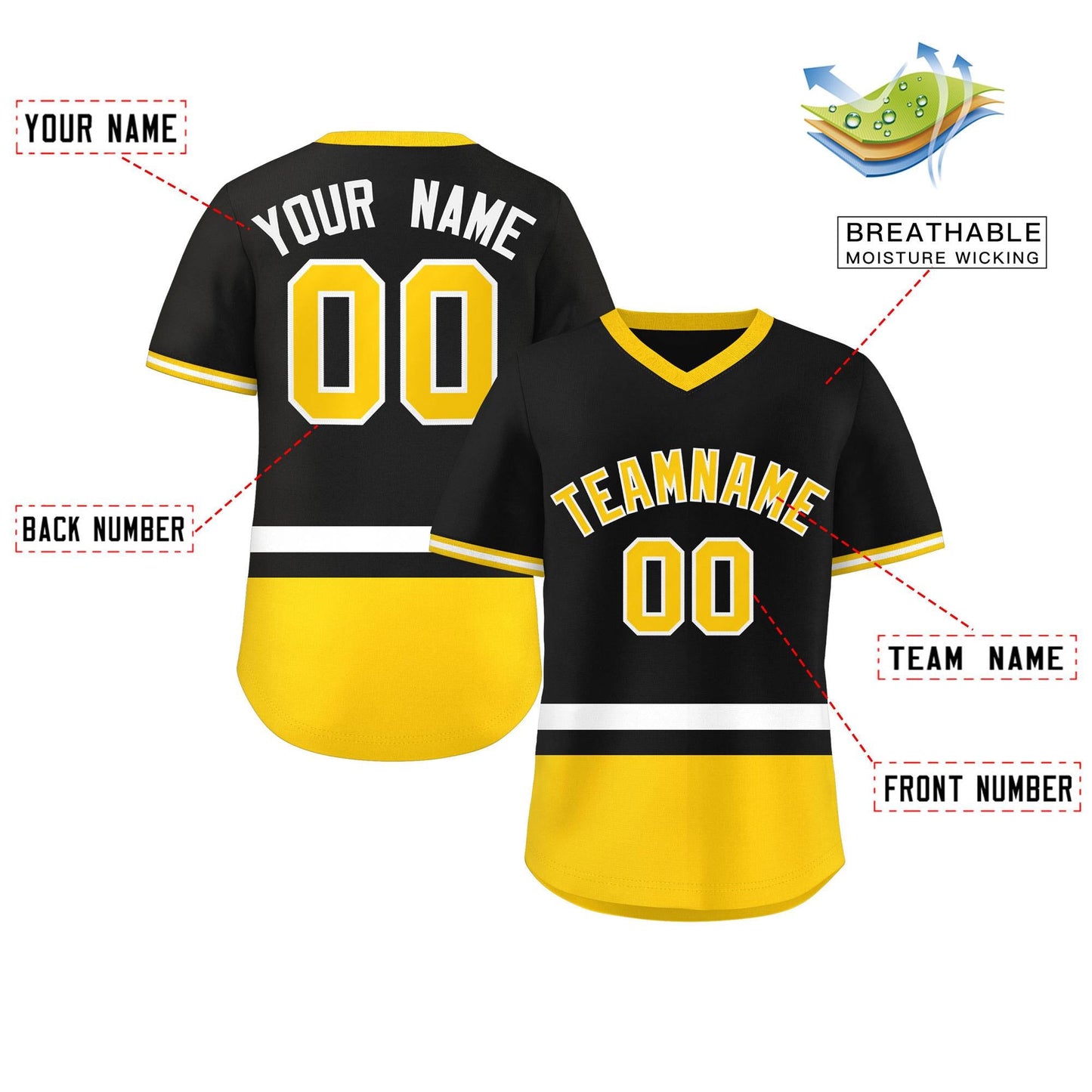 Custom Black White-Gold Color Block Personalized V-Neck Authentic Pullover Baseball Jersey