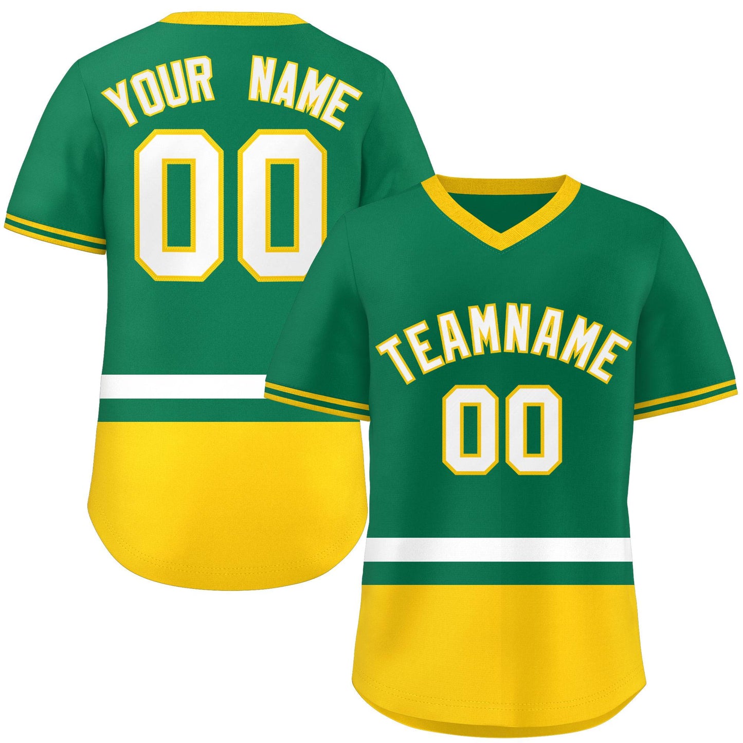 Custom Kelly Green White-Gold Color Block Personalized V-Neck Authentic Pullover Baseball Jersey