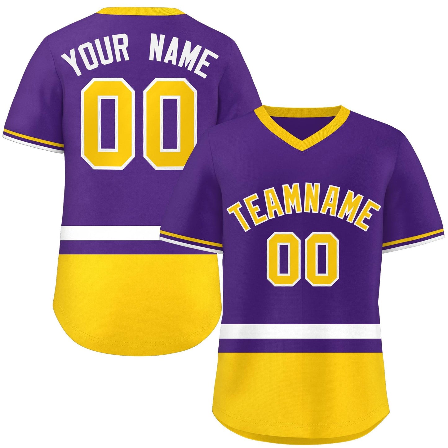 Custom Purple White-Gold Color Block Personalized V-Neck Authentic Pullover Baseball Jersey