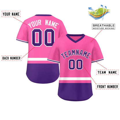 Custom Pink White-Purple Color Block Personalized V-Neck Authentic Pullover Baseball Jersey