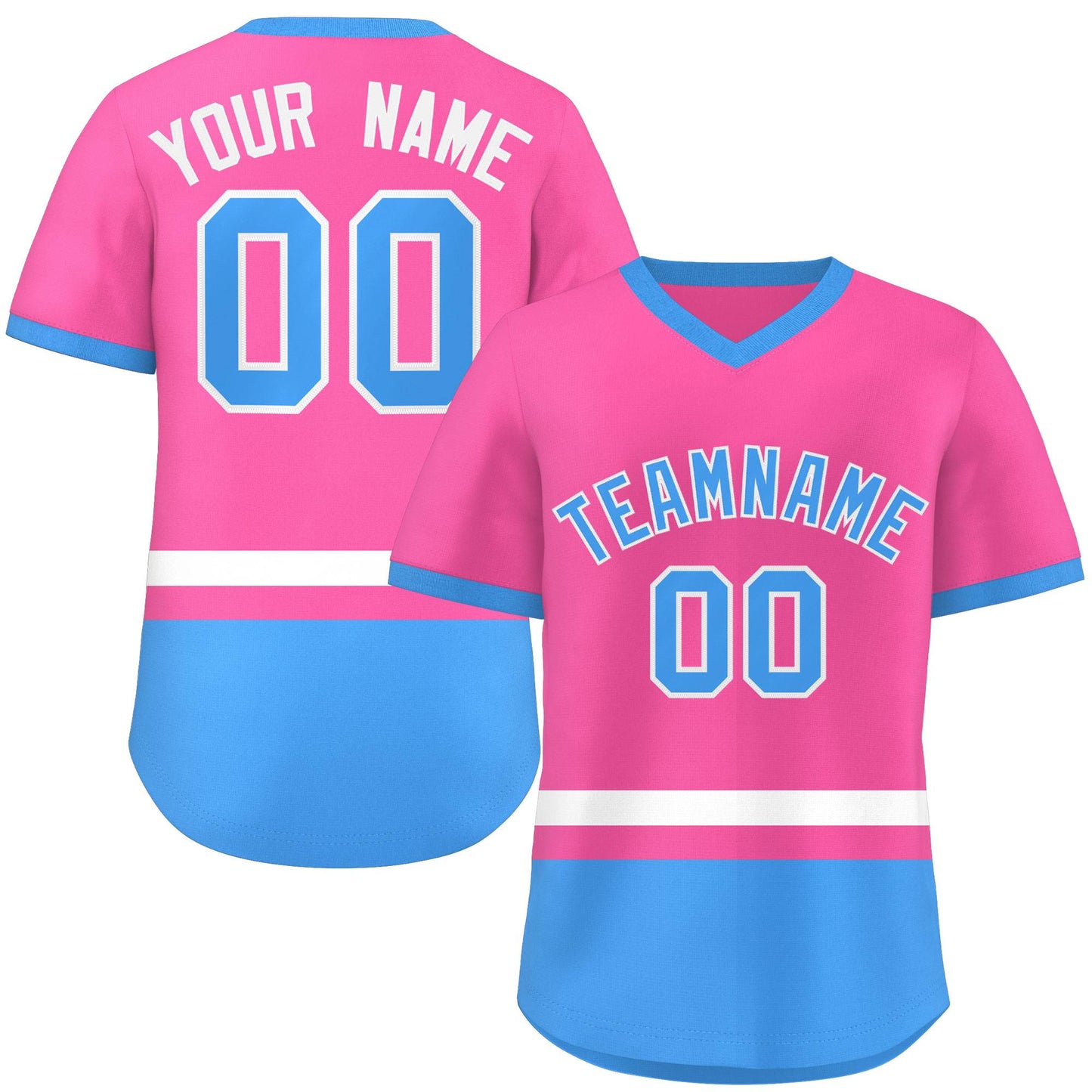 Custom Pink White-Powder Blue Color Block Personalized V-Neck Authentic Pullover Baseball Jersey